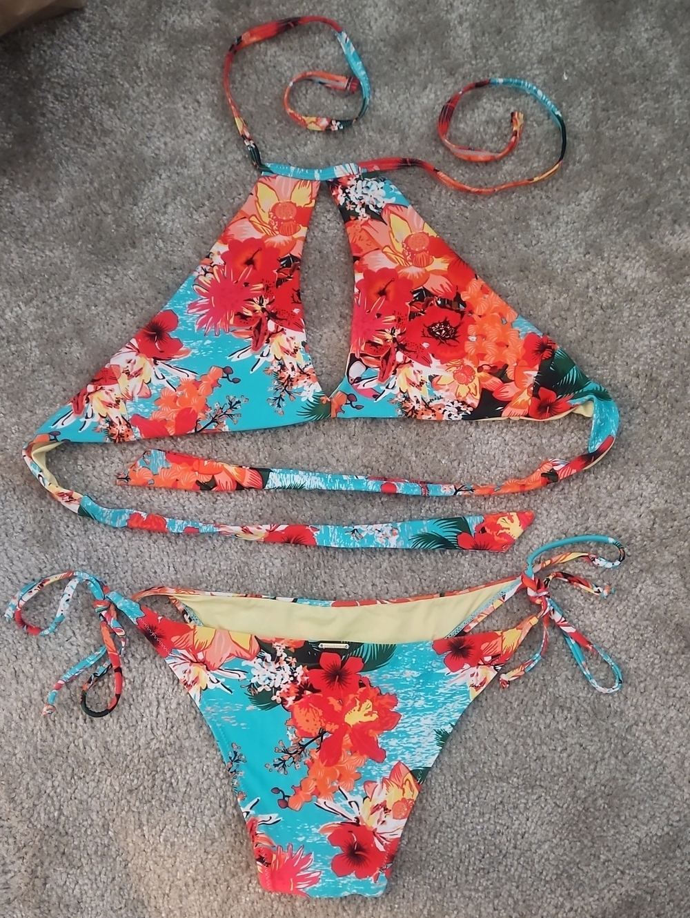 Turquoise & Red Floral Tie Bikini Set
